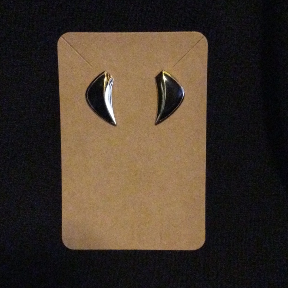 Vintage Monet Black Enamel and Gold-tone Crescent/Comma Pierced Earrings